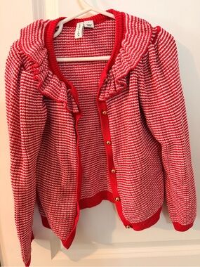 Girls Ruffled Red & White Knit Cardigan